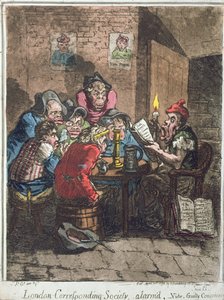 汉娜·汉弗里于1798年出版的伦敦对应社会，闹钟或有罪的良心（手工彩色蚀刻和aquatint）